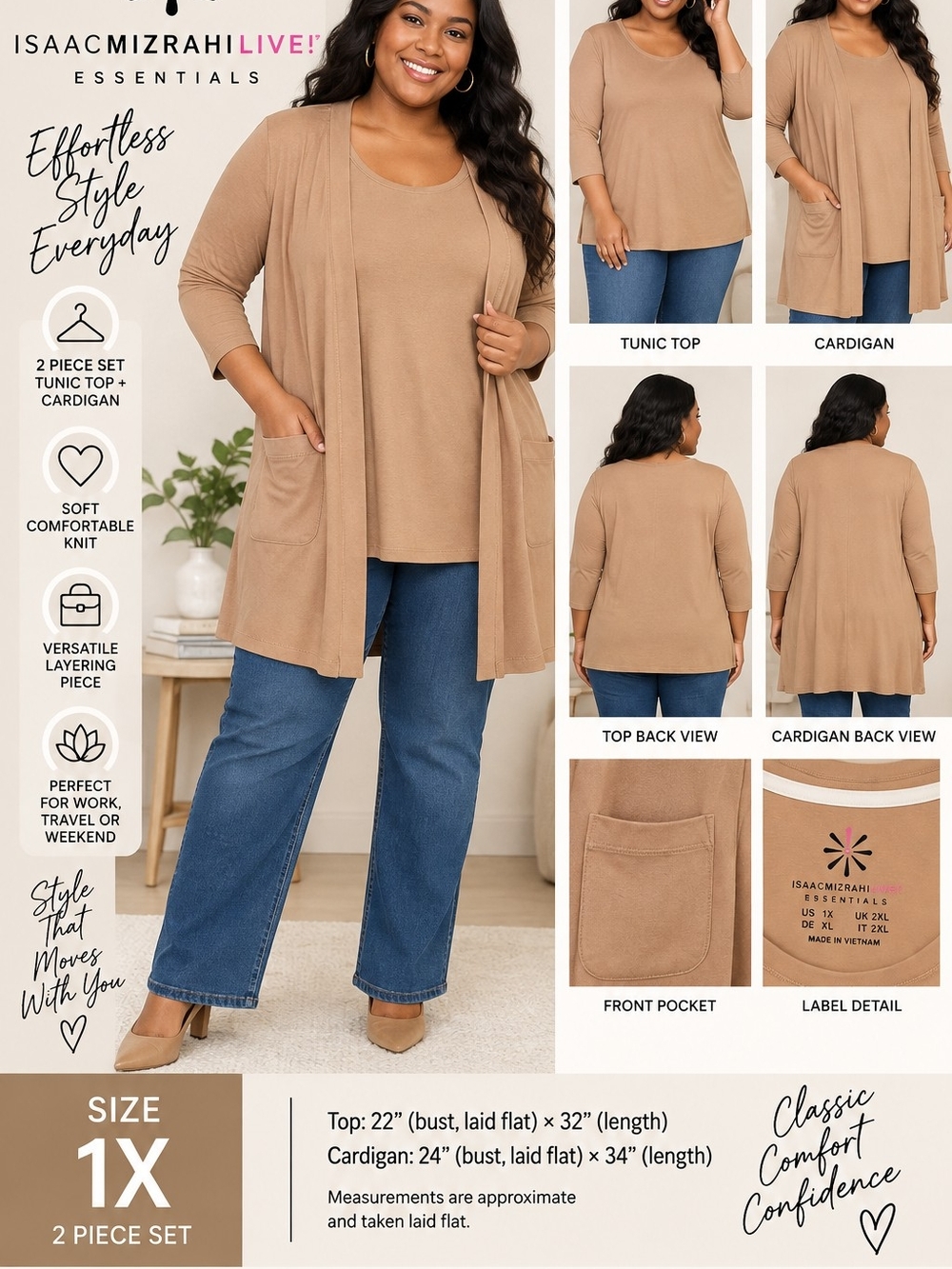 Isaac Mizrahi Live Essentials 1X Tan 2 Piece Tunic Cardigan Set